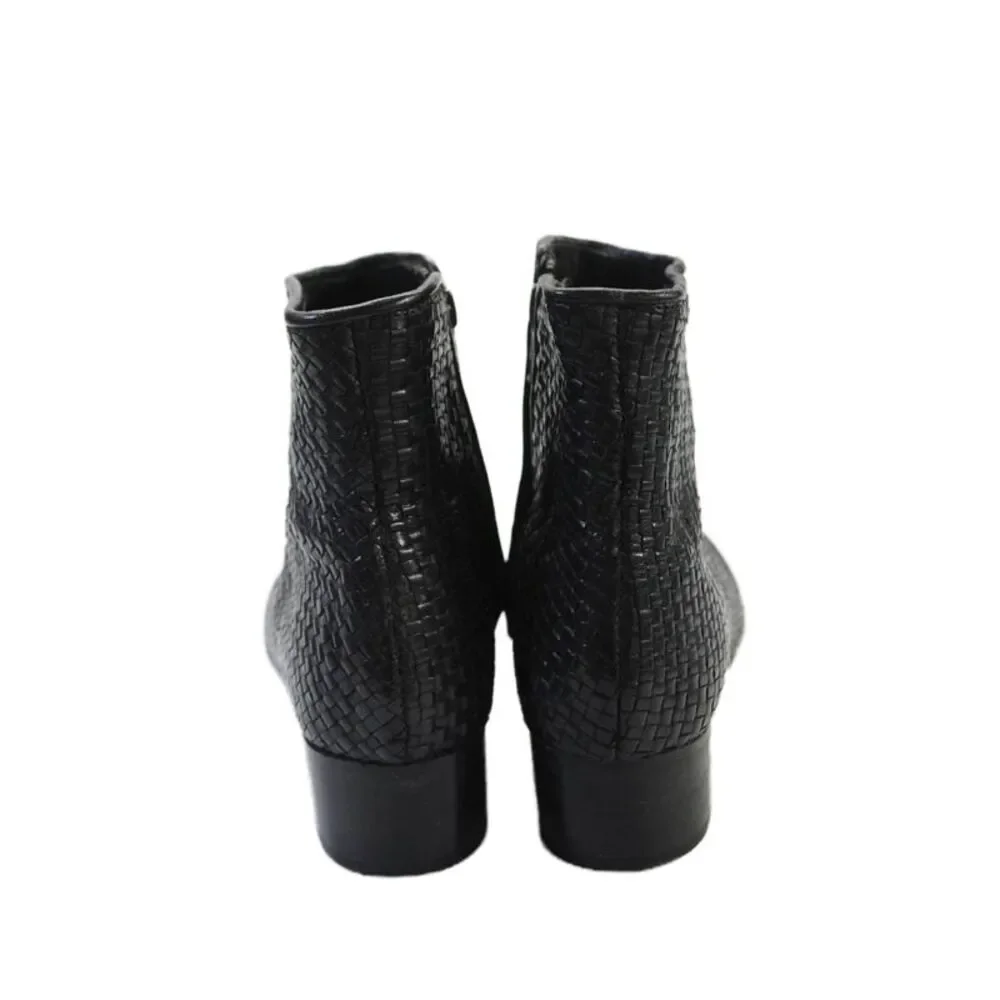 St. Agni Womens Woven Leather Block Heel Zip Up Ankle Boots Black Size 9_3